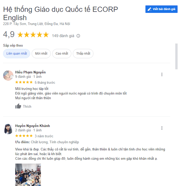 Một số đánh giá khác về trung tâm anh ngữ ecorp trên Google Map